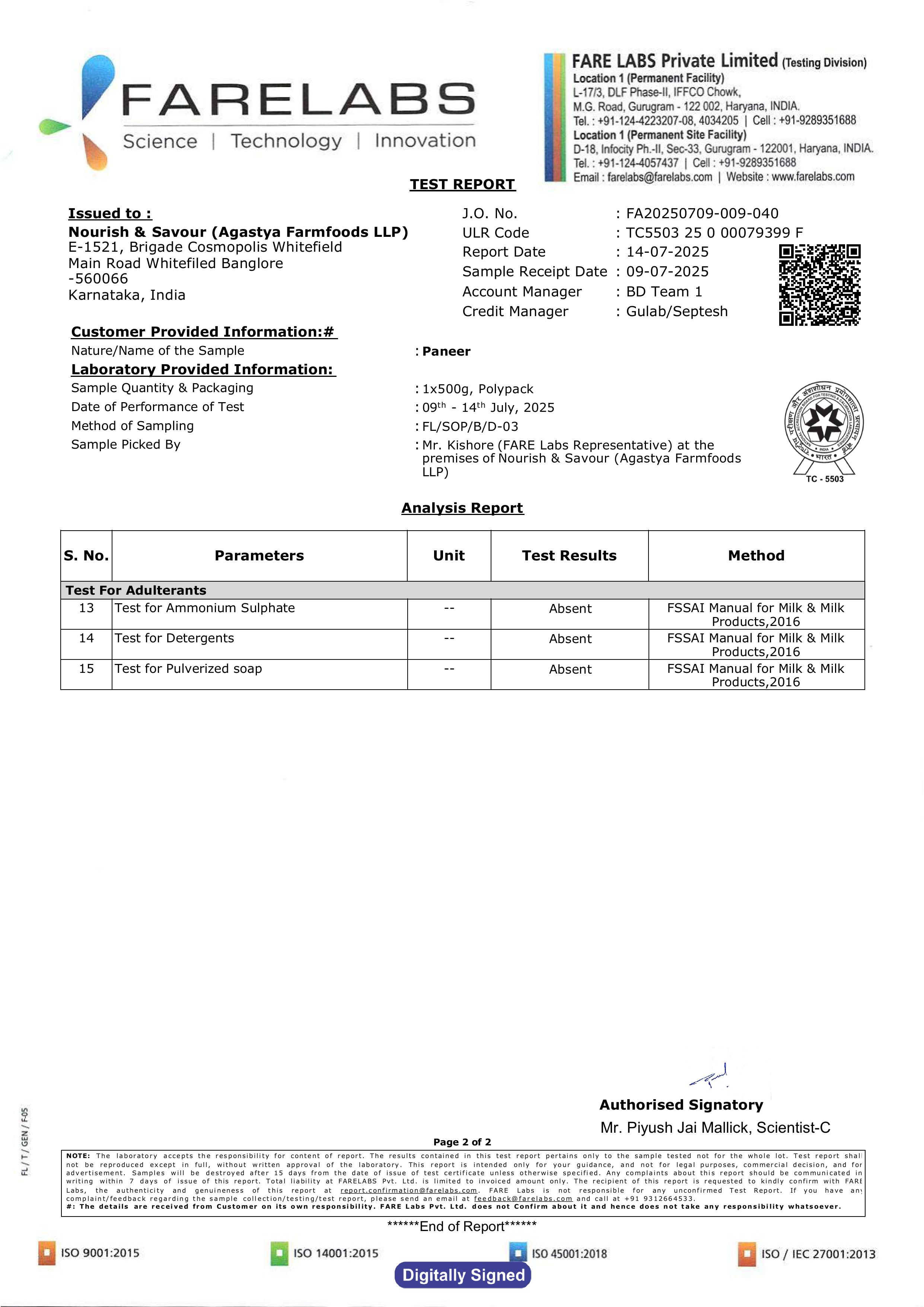 Fresh Paneer Lab Report Page 2